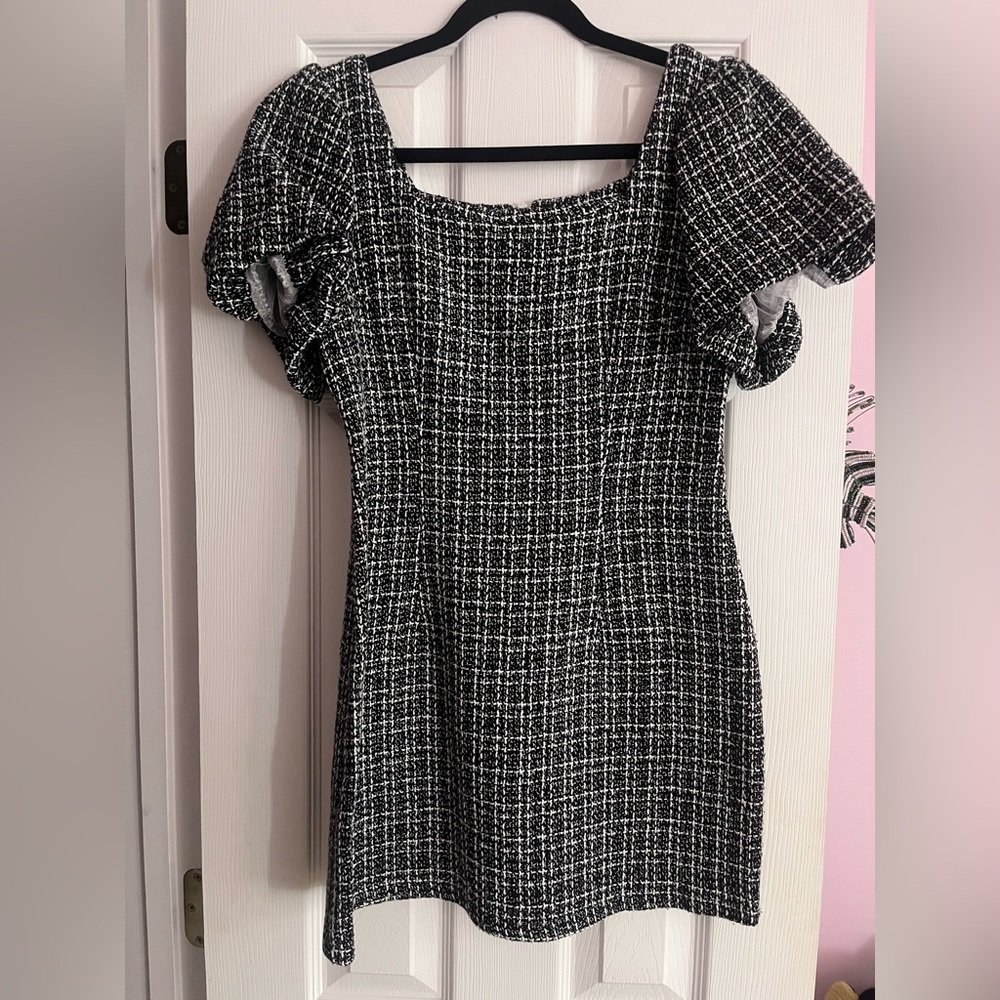 SHEIN Black & White Tweed Puff-Sleeve Dress